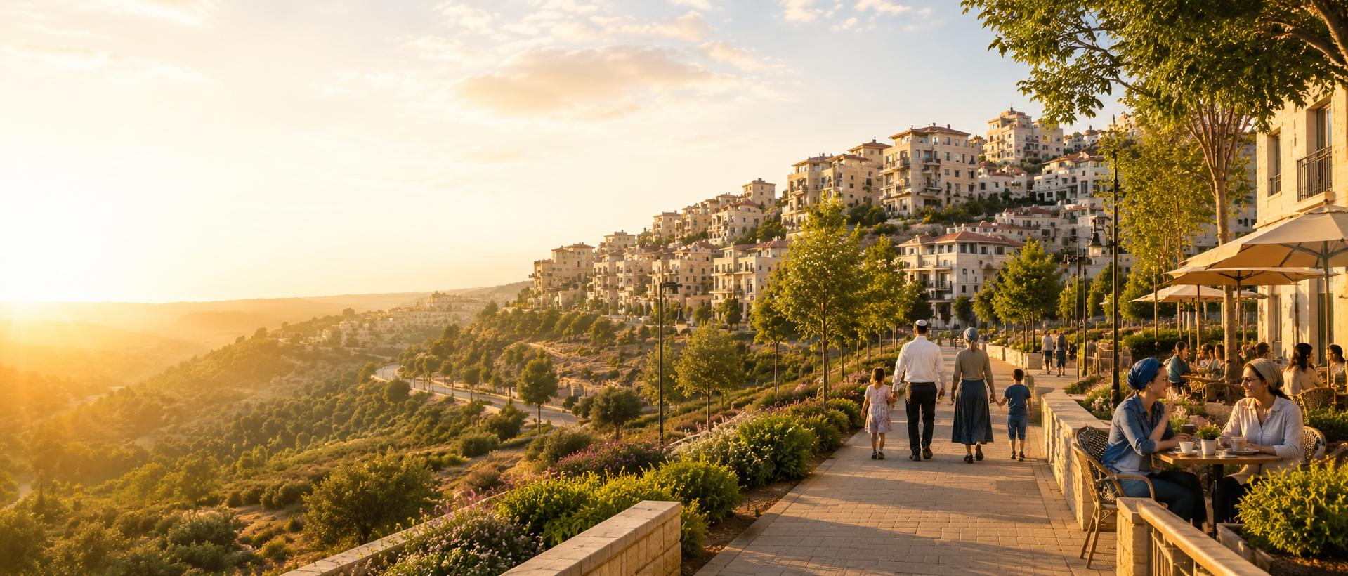 Sunset view over Beit Shemesh with families walking and a hillside cafe